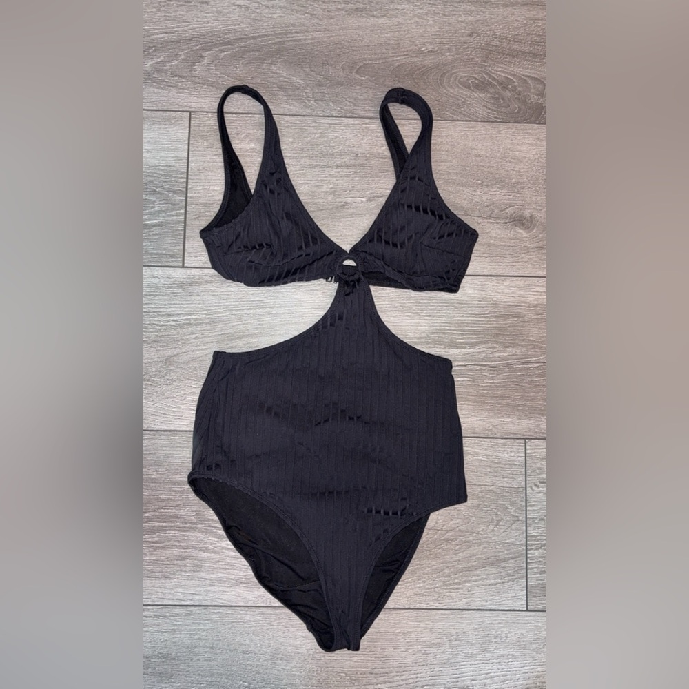 Aerie Size Small Long One Piece Swimsuit Bikini Cut Out Sides Black Full Coverag